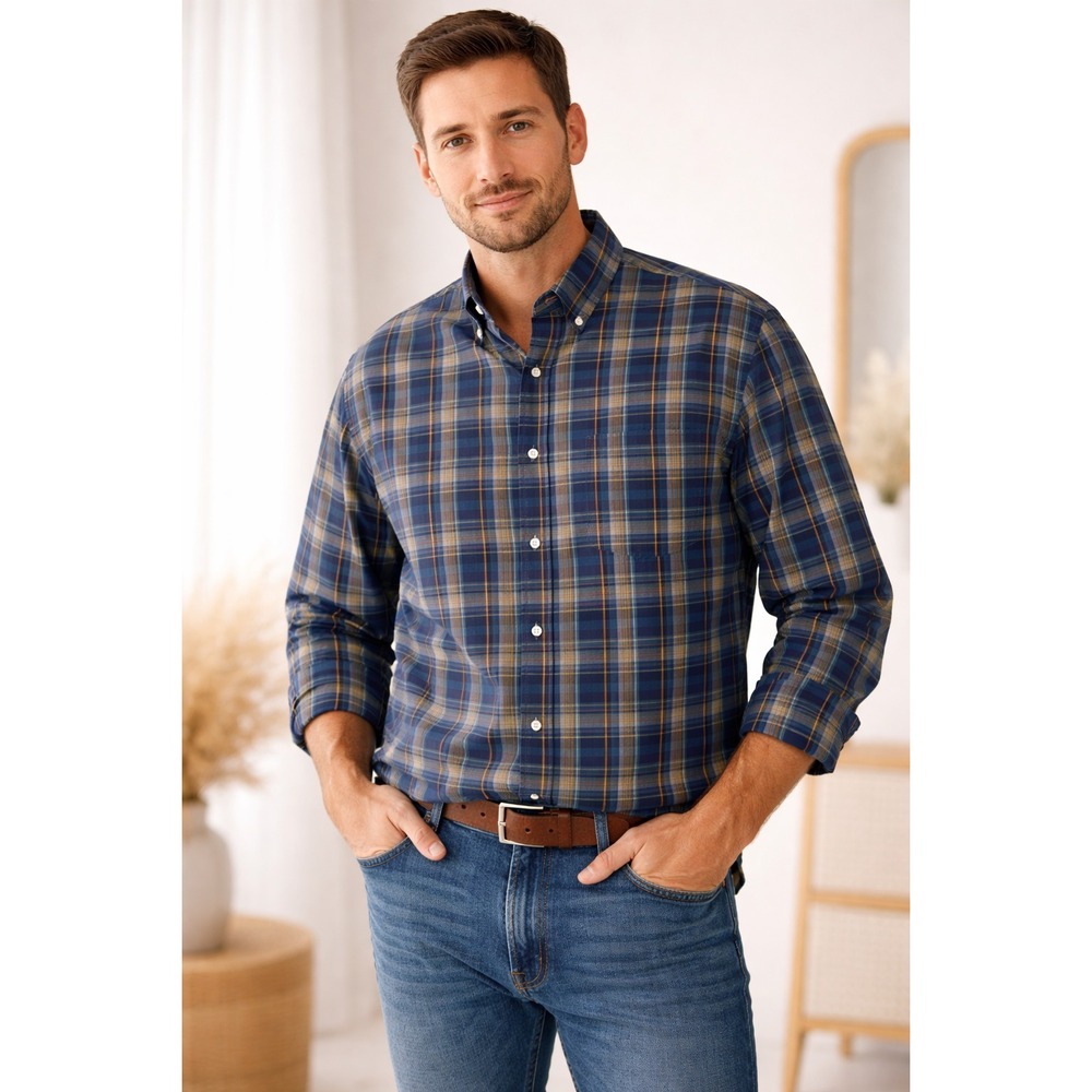 VTG CHAPS RALPH LAUREN Plaid Shirt XL‎ Easy Care Blue Yellow Cotton Blend 234706